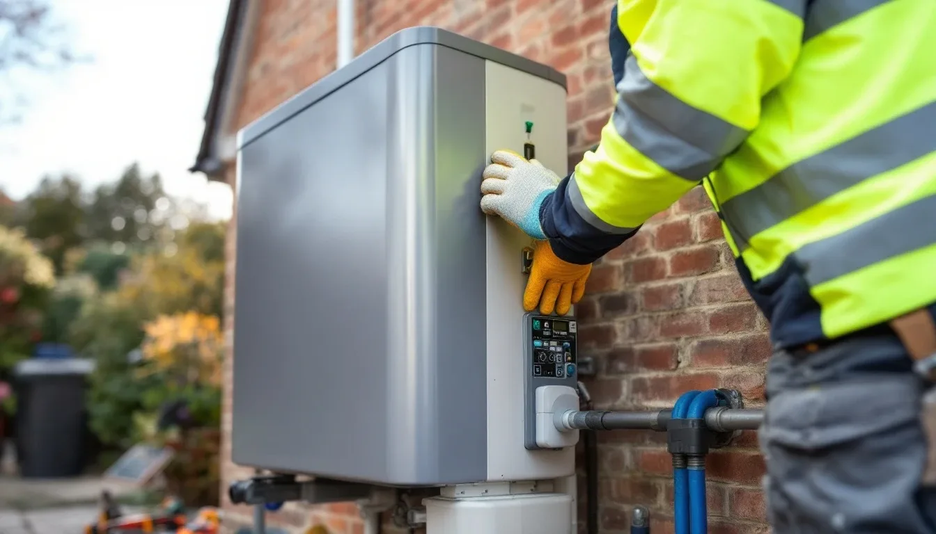 An MCS-certified engineer fitting an air source heat pump outdoor unit to a UK house wall, representative of installers serving North West