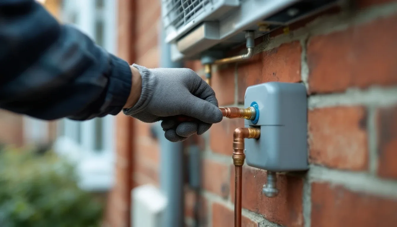 An MCS-certified engineer fitting an air source heat pump outdoor unit to a UK house wall, representative of installers serving London